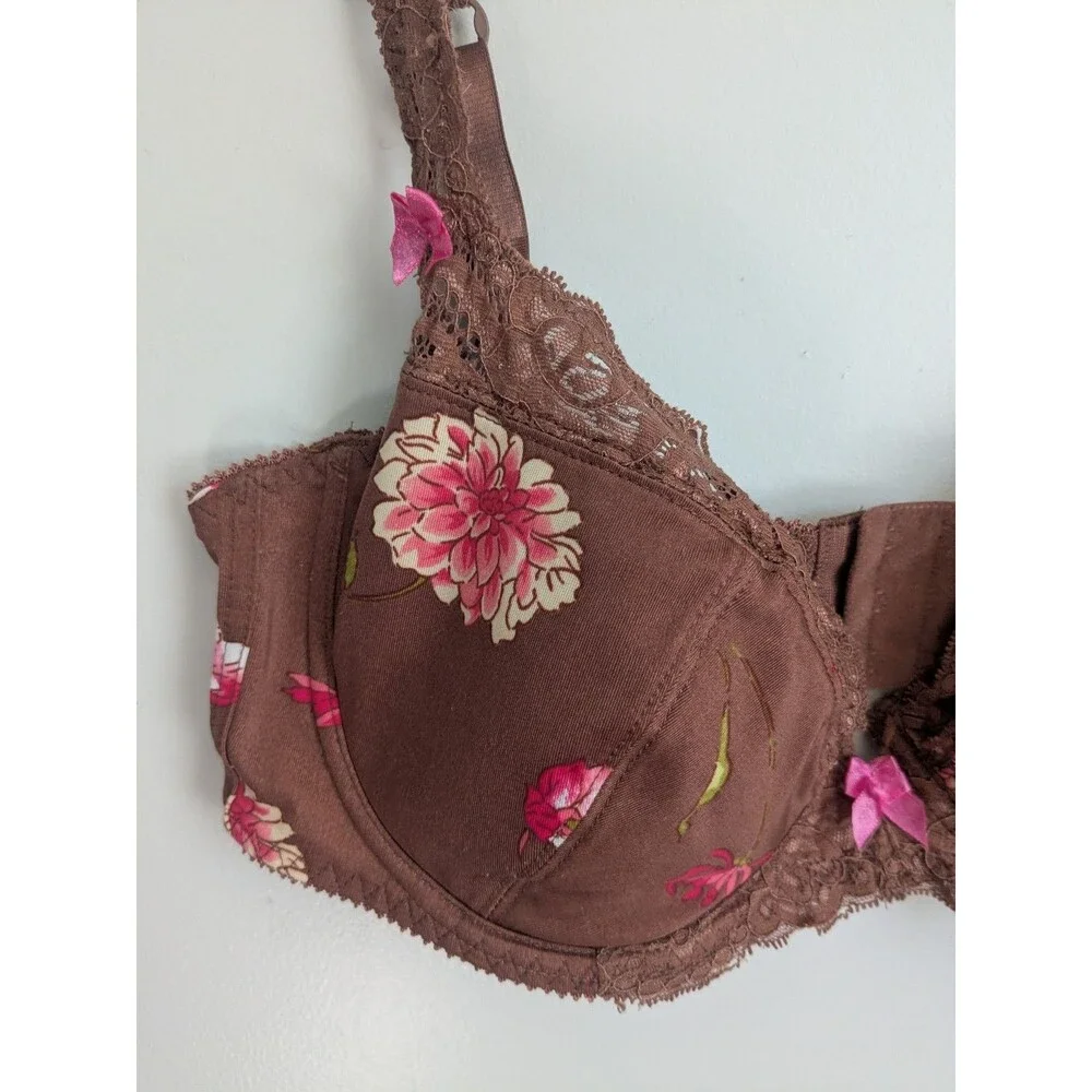 Y2K Sophie B Bra Brown Pink Floral Lace Padded Underwire Adjustable Straps 36DD